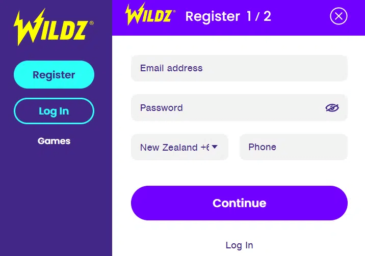 Registration at Wildz casino